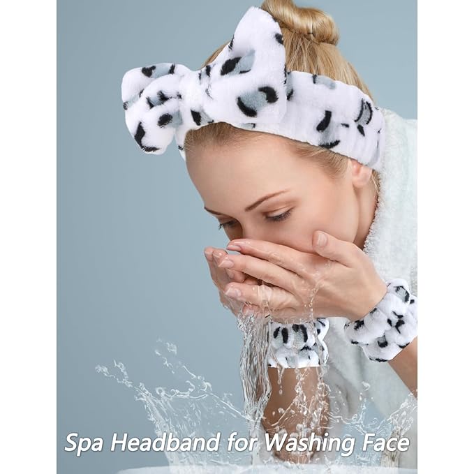 6 Pcs Elastic Microfiber Spa Headband Set for Women - Makeup, Skincare, Face Wash Wristbands, Beauty. (White spots)