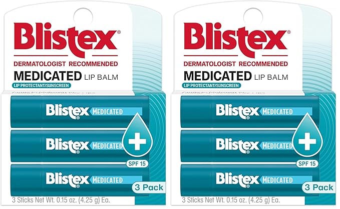Blistex Medicated Lip Balm, 0.15 Ounce, Prevent Dryness & Chapping, SPF 15 Sun Protection, Seals in Moisture, Hydrating Lip Balm, Easy Glide Formula for Full Coverage, 3 Count, (Pack of 2)