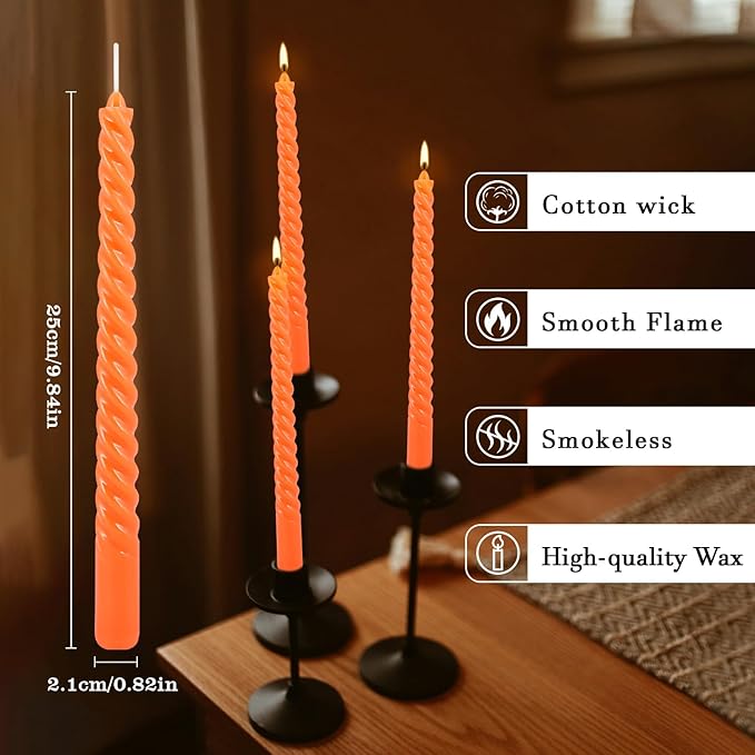 WPONSZU 12 Pack 10 Inch Spiral Taper Candle Set, Unscented Dripless Candlesticks for Dinner,Party Brithday Wedding,Halloween and Home Decoration（Orange ）