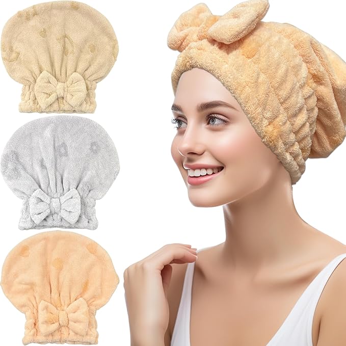 Jseng 3Packs Microfiber Hair Towel for Women - Quick-Drying, Super Absorbent Hair Wrap with Bow Design, Soft Hair Towel Turban for Curly Long Wet Hair