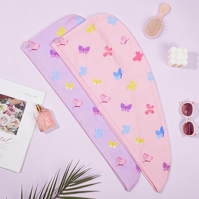 Unicorn Castle Microfiber Hair Towel for Kids 2Pack Hair Wrap Towels Absorbent Hair Drying Towel Wrap Hair Turbans for Curly Thick Hair, Purple Pink Butterfly
