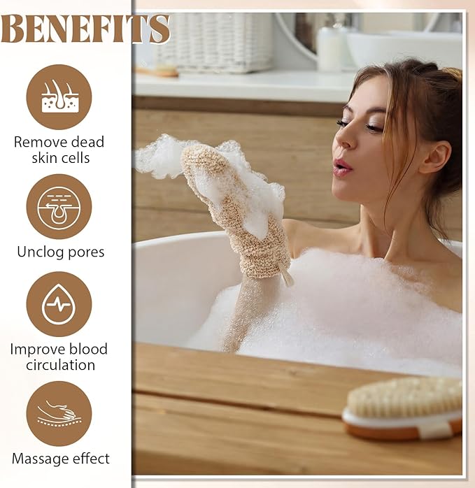 30 Pcs Exfoliating Shower Gloves Stretchable Ramie Bath Mitts with Hanging Loop Body Scrubber Exfoliator Loofah Washcloth Deep Clean Dead Skin for Spa Massage Skin Shower Hotel Use (Beige)
