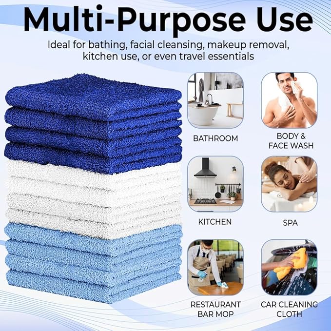 QUBA LINEN 100% Cotton Washcloth Set – Soft, Absorbent Face Towels for Bathroom & Gym Use – Durable & Reusable Wash Cloths - (Blue, White and Navy (12x12), (Pack of 12)