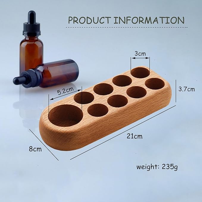VolksRose 5~100ml 9 Holder Wooden Essential Oil Organizer - Storage Rack with Stickers - Elegant Travel & Display Stand for Essential Oils, Nail Polish, Perfume, Compact Shelf for Tabletop