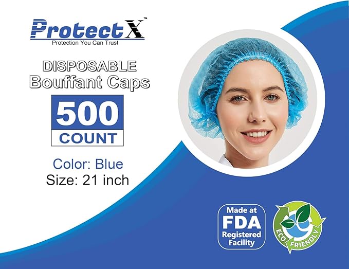 ProtectX 500-Pack Blue Disposable Hair Nets, Elastic Head Cover, Bouffant Caps, Sanitation Head Cover for Food Service, Spa Men & Women - 21 inch