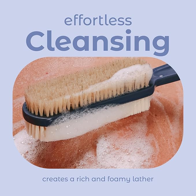 MainBasics Back Scrubber for Shower, Long Handle Body Brush with Dual-Sided Exfoliating and Soft Bristles, 15.75 Inch (Blue)