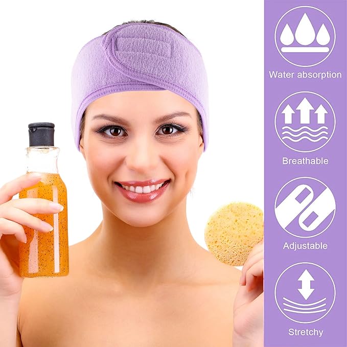 Whaline Spa Facial Headband Make Up Wrap Head Terry Cloth Headband Adjustable Towel Band for Face Washing Shower Facial Cover, 3 Pieces (White, Purple, Dark Purple)