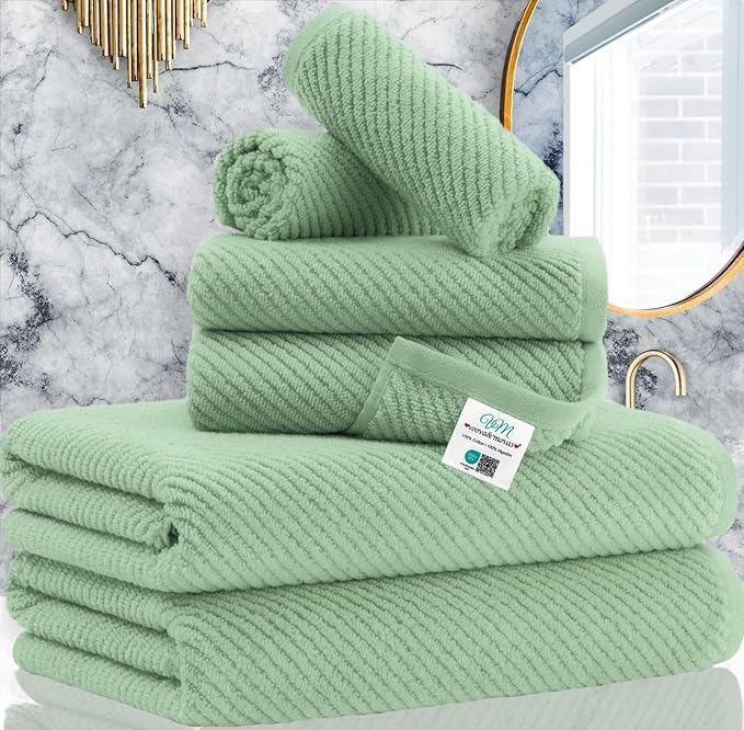 VOOVA & MOVAS Green Towels for Bathroom - 100% Cotton | Quick Dry | Lightweight | Thick | Soft, 6 Piece Towel Set, 2 Large Bath 30"x56", 2 Hand 18"x28", 2 Wash Cloths 13"x13", Towel Gift Set, Mint