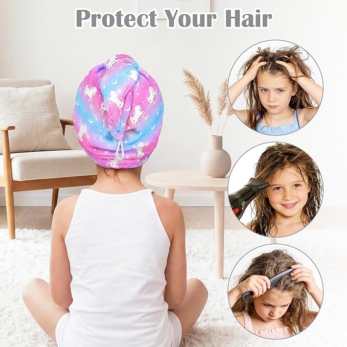 Microfiber Hair Towel Wrap for Kids 2 Pack Quick Drying Hair Towels with Button Hair Turbans for Wet Hair Absorbent Quick Dry Wraps Head Towel Wrap for Women and Girls, Rainbow Blue Purple Unicorn