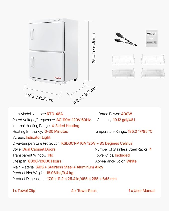 VEVOR Hot Towel Warmer, 46L Large Capacity 2-Tier Towel Warmer Cabinet with Clip & 4 Stainless Steel Racks, Holds up 48 Towels, All-Round Heating Cabinet for Spa, Barber, Manicures, Massage, Salon