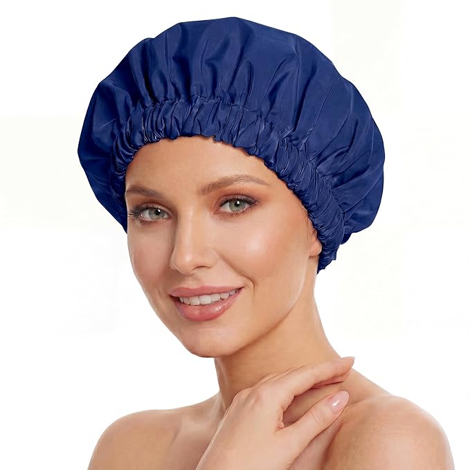 Reusable Shower Cap for Women, Large Waterproof Shower Bonnet with Elastic Band, Washable Bath Hair Cap for Long, Curly Hair, Braids, Daily Shower, Home Spa, Travel(Navy)