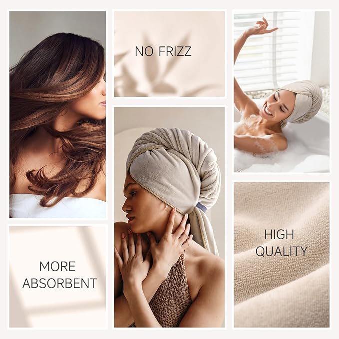 Umisleep Microfiber Hair Towel, 41" x 30" Super Absorbent Extra Large Curly Hair Towel Wrap With Elastic Loop, Camel