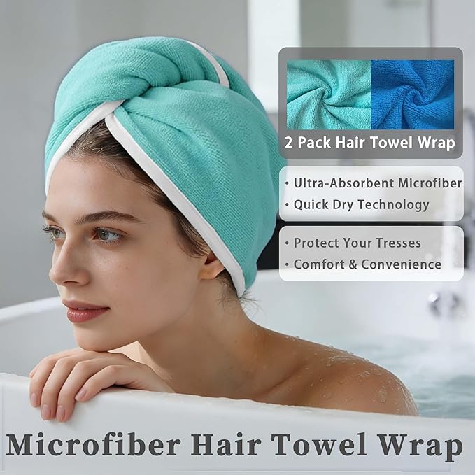 VOOVA & MOVAS Aqua & Blue Microfiber Hair Towel Wrap for Women 2Pcs, Super Absorbent Quick Dry Hair Towels for Wet Hair After Shower, Soft Lightweight Hair Wraps