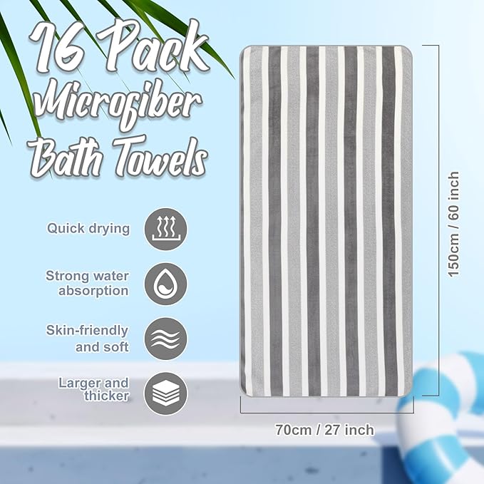 SmoothNovelty 16 Pack Microfiber Bath Towels Bulk 27'' x 60'' Oversized Size Bath Towel Highly Absorbent Extra Large Soft Drying for Beach Shower Summer Salon Sport Gym Party (Stripes,Grey)