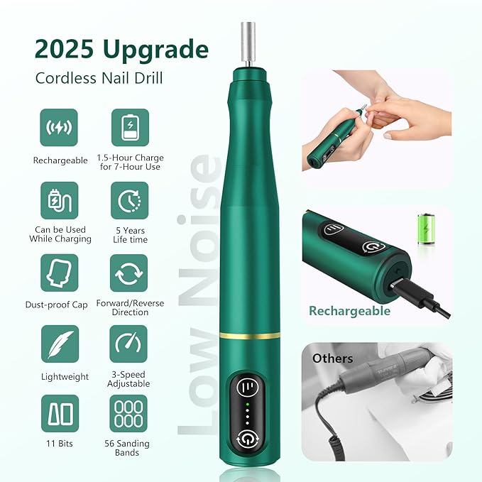 TUOBEO Cordless Nail Drill Electric Rechargeable File Kit, Professional Efile Acrylic Gel Nail Polish Remover Pedicure Manicure Machine Portable Set with 11 Bits 56 Sanding Bands Salon Blackish Green
