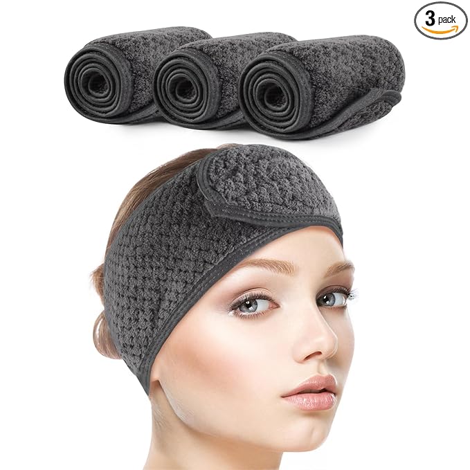 SINLAND Spa Headband for Women Ultra Soft Adjustable Makeup Hair Band with Magic Tape, Stretch Head Wrap for Bath, Shower, Facial Mask, Yoga