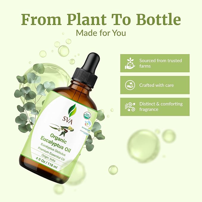 SVA Eucalyptus Essential Oil Organic – 4 Fl Oz – 100% Natural Organic Eucalyptus Oil - for Diffuser, Hair, Face, Skin Care, Aromatherapy, Scalp and Body Massage, Soap and Candle Making - with Dropper