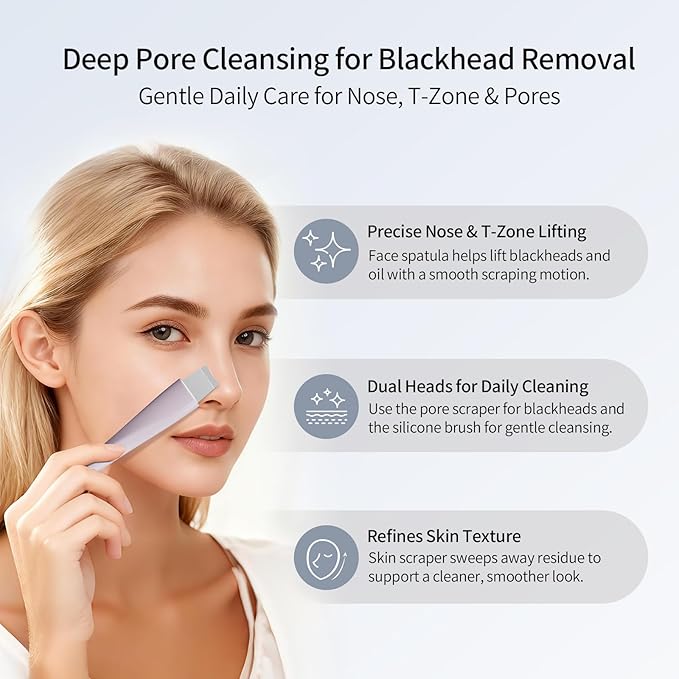 Blackhead Remover Tool, Stainless Steel Face Scraper, Skin Scrubber Face Spatula for Deep Cleansing, 3-in-1 Skin Care Tool with Blackhead Scraper, Mask Applicator & 2 Silicone Heads (Purple)