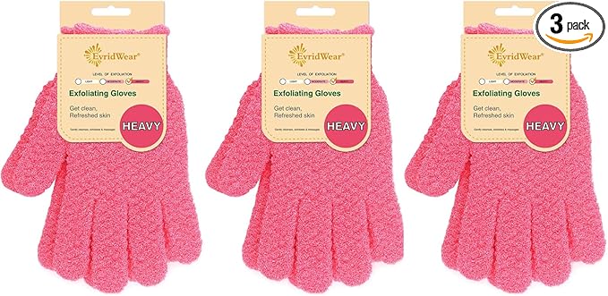 Evridwear Exfoliating Gloves for Shower, 100% Nylon Thick Soft Medium Heavy Bathing Gloves Dead Skin Remover Body Scrubber Smooth Skin with Hang Loop (Hot Pink Deep Exfoliation- 3 Pairs)