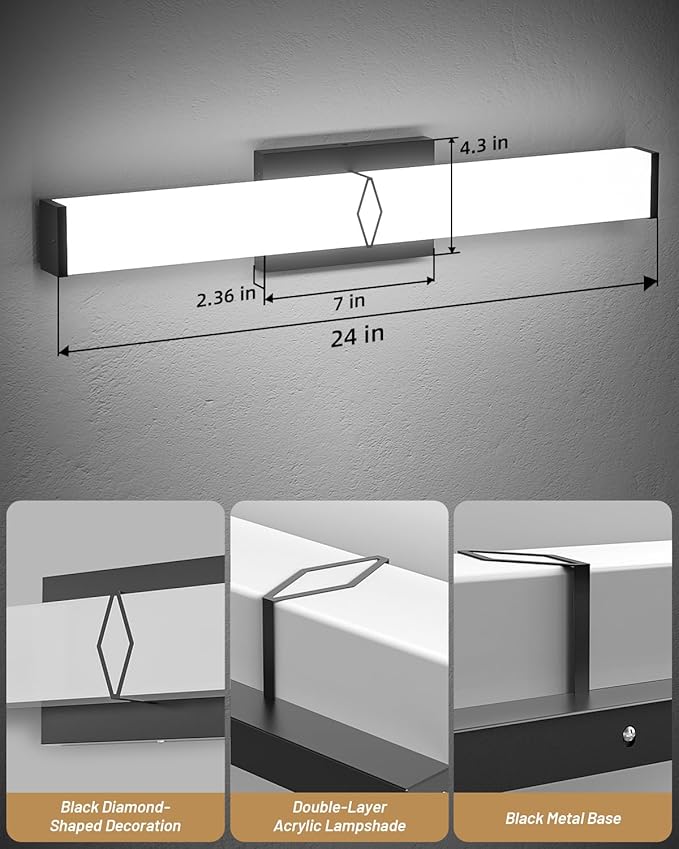 Modern Bathroom Light Fixtures,24inch Dimmable Bathroom Vanity Lights Over Mirror, 25W 2700LM LED Vanity Lights,5700K Matte Black Vanity Lighting Fixtures,ETL Certified Cool White