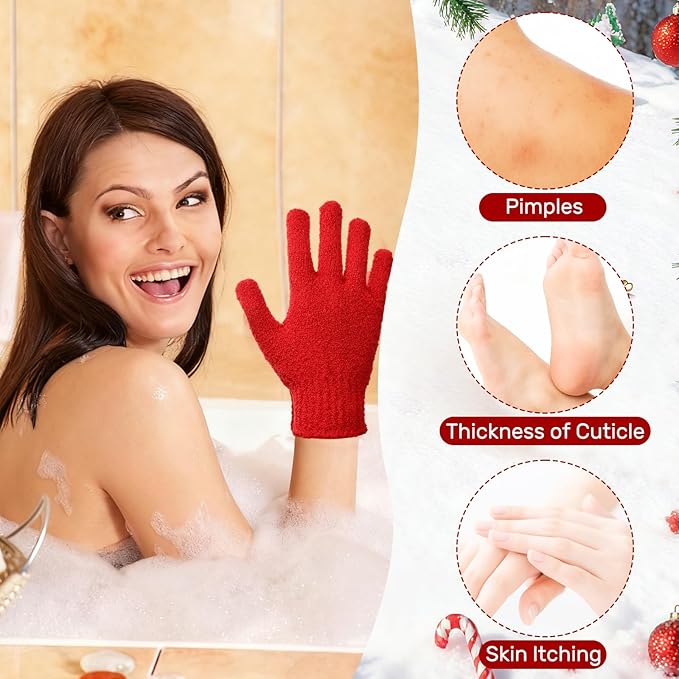 48 Pcs Red and Green Exfoliating Gloves Shower Gloves Bulk Christmas Stocking Stuffing Gifts Double Sided Body Scrub Exfoliate Glove for Women & Men Bath Shower Beauty Spa Massage Scrubber