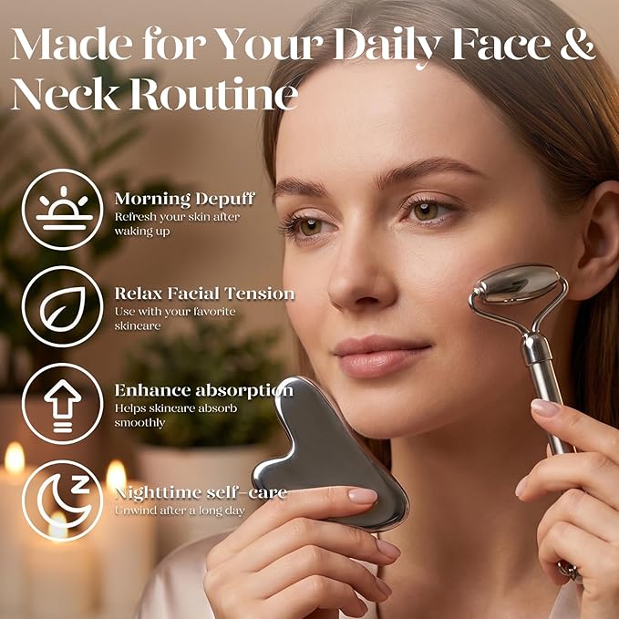 BAIMEI Stainless Steel Gua Sha & Face Roller Set, Facial Massage Tool for Face, Neck and Body, Cooling Metal Skin Care Tools for Depuffing Routine,Self Care Gift for Women