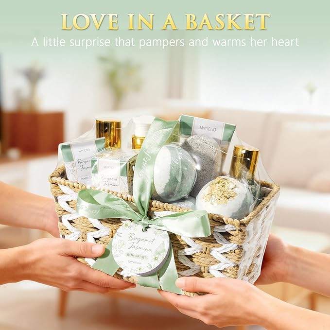 Mothers Day Birthday Gifts for Women, Bergamot Jasmine Relaxing Spa Gift Baskets for Women Self Care Package Bath Gift Set, Home Bath and Body Kit Pampering Gifts for Womens Her Mom Friend Sister Wife