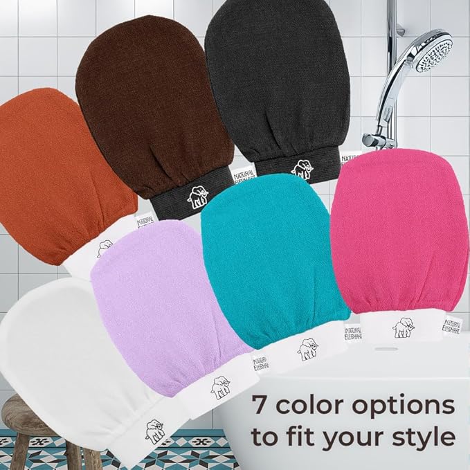 Natural Elephant Exfoliating Kessa Glove - Face and Body Exfoliator Hammam Mitt (2 Brown. Orange and Teal (Pack of 4))