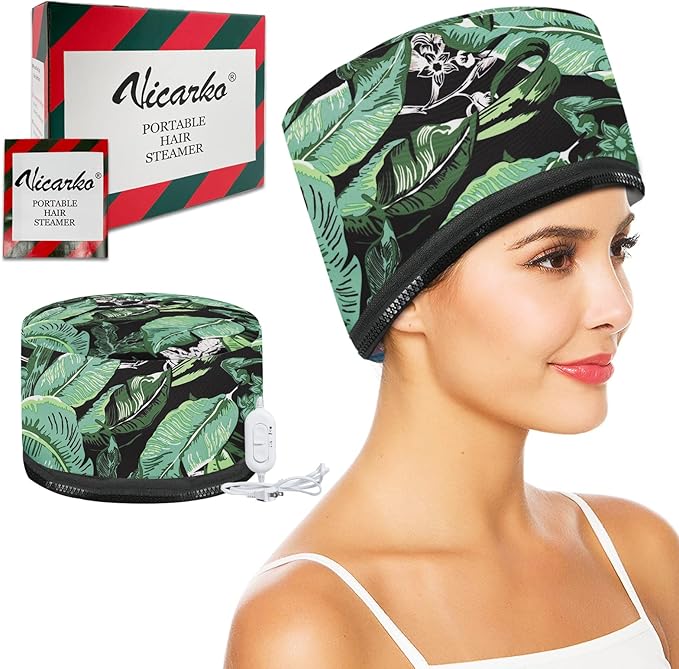 VICARKO Hair Steamer Thermal Heat Cap Deep Conditioning Natural Black Hair Scalp Treatment Spa Hot Head Care Electric for Home Use Leaf Print