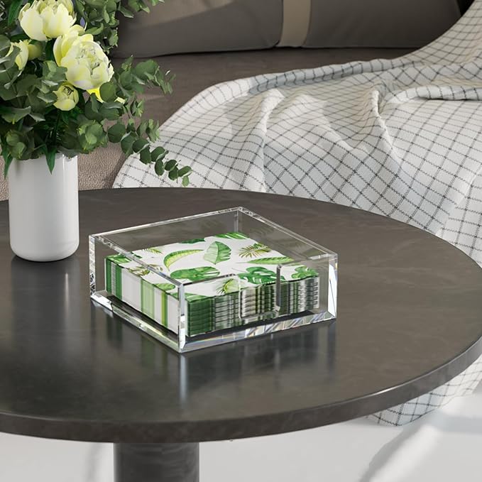 HIIMIEI Acrylic Napkin Holder for Table: Square Luncheon Napkin Tray, Flat Decorative Guest Towel Holder for Bathroom, Kitchen, Bar, Dinner, Party, 7.6 x 7.6 inches（Clear)