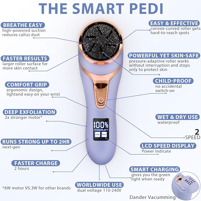 Electric Callus Remover for Feet, Portable Pedicure Kit Foot File Callus Remover, Rechargeable Waterproof Foot File for Foot Care Deadskin Remover with 9Head&LCD Display, Purple