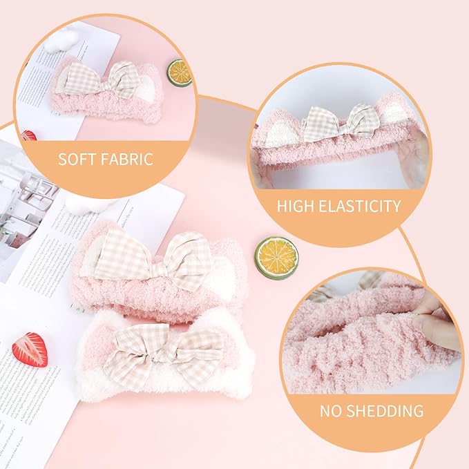PERFECTSIGHT Kawaii Headband for Spa, Makeup, Washing Face, Party - 2 Pack Cute Cat Ear Hair Band for Shower Beauty Skincare, Soft Facial Headbands for Girls and Women (White+Pink Bow)