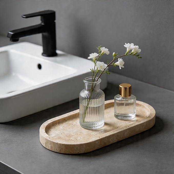 WORHE Natural Travertine Vanity Tray Waterproof Italy Marble Bathroom Organizer for Perfume, Candles & Jewelry Non-Slip Oval Storage Tray for Spa, Bedroom, Kitchen 9.8" x 4.5" Beige (WH028)