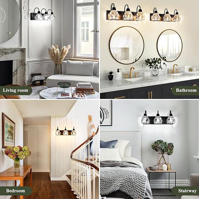 3-Light Bathroom Light Fixtures, Black Modern Bathroom Vanity Lights with Flower Glass Shade, Bathroom Wall Lamp for Mirror Bedroom Kitchen Living Room Hallway Cabinet Porch, E12 Bulbs Needed