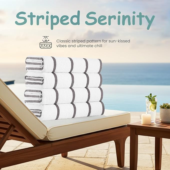 CASA COPENHAGEN Cabana Pool 4Pcs 100% Egyptian Cotton Large Designer Beach Towels Gift Set- White Silver, 500GSM, 55"x27", 4 Beach Bath Towels (Box Pack, Set for Women & Men)
