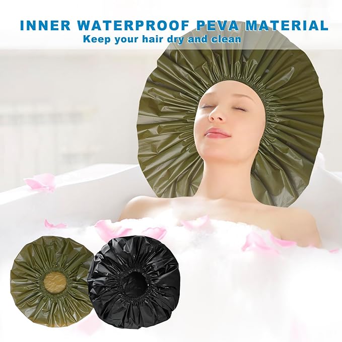Jumbo Size Shower Cap 2 PCS Waterproof Shower Caps for Women, Extra Large Shower Cap, Reusable Super Large Bath Caps Hair Cap for Long Thick Curly Hair, Locs, Twist Braids - Black+Green