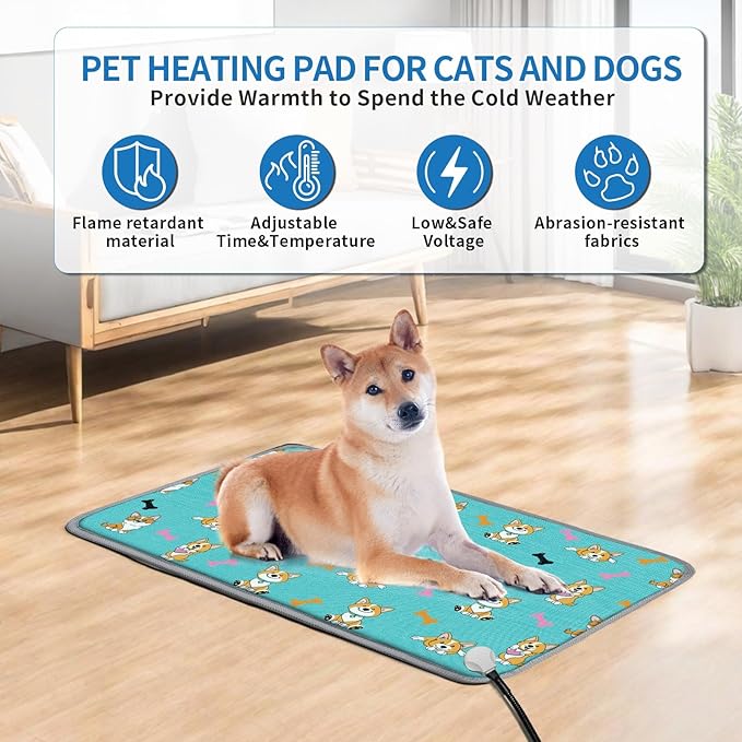 GOLOPET Large Dog Heating Pad 34x21in with Smart Thermostat Switch and Power Line Protection Tube,Obtained MET and UL Dual Certification,Waterproof Pet Pad, Suitable for Dogs of All Ages-Blue