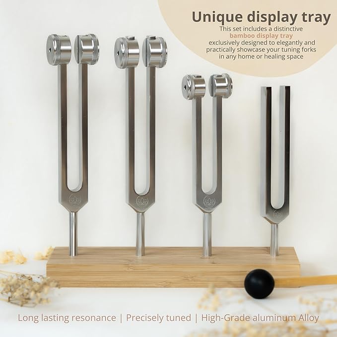 Tuning Forks for Healing Set – 128 Hz, 136.1 Hz, 256 Hz, 384 Hz Sound Healing Instruments with Bamboo Display Tray and User Guide for Sound Therapy, Meditation, Chakra Healing & Sound Bath Rituals
