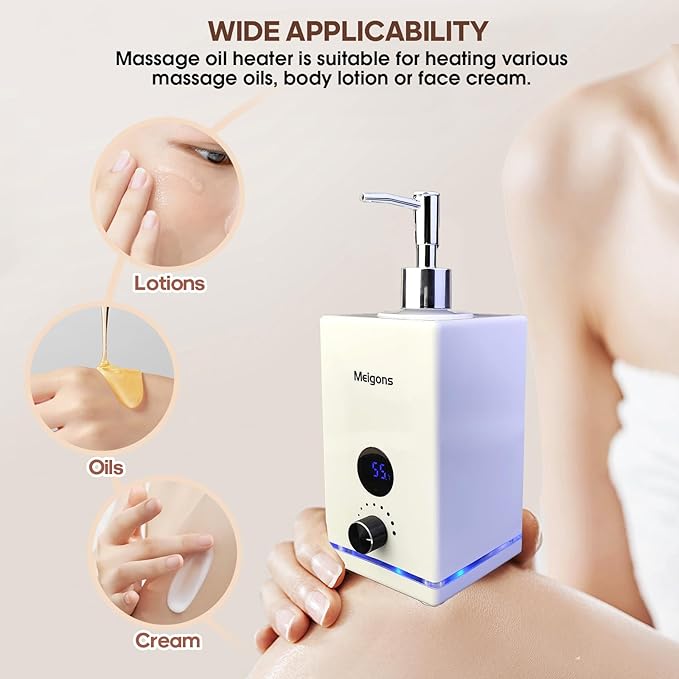 Oil Warmer for Massage, Massage Oil Warmer, Body Oils Heater for Spa, with Two Oil Bottle Dispenser, Adjustable Temperature (White)