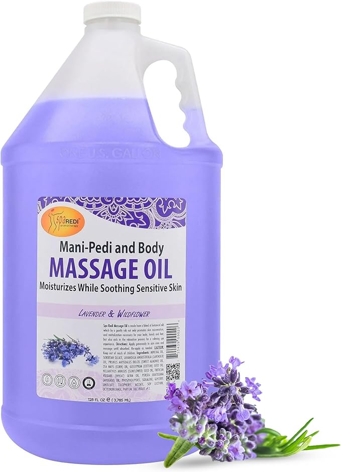 SPA REDI - Massage Oil, Lavender Wildflower, 128 Oz Professional Pedicure, Manicure, Full Body Massage Therapy, with Almond Oil, Cotton Seed Oil, Sunflower Oil, Avocado Oil, Essential Oils, Vitamin E