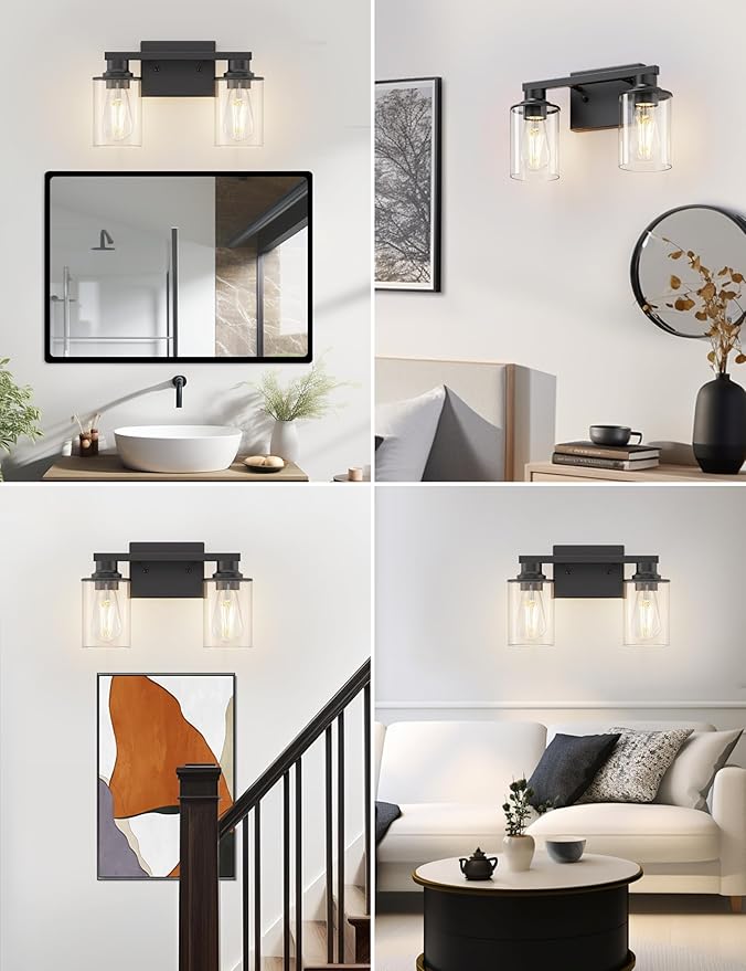 L LOHAS LED 2-Light Black Bathroom Light Fixtures,Modern Lighting Fixtures Over Mirror with Clear Glass Shade, Vanity Lights for Bedroom, ETL Listed