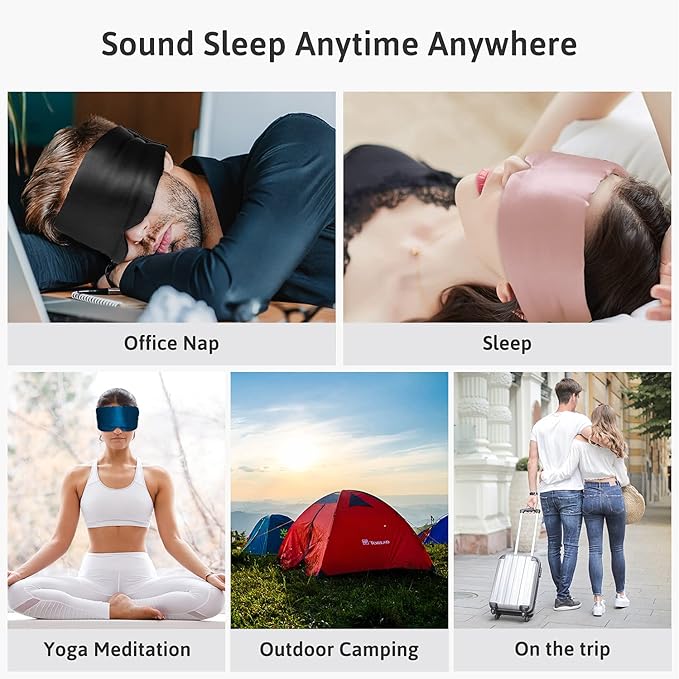 Silk Sleep Mask for Women Men, Mulberry Silk Eye Sleeping Mask & Blindfold with Adjustable Strap, Blackout Eye Cover for Sleep Travel Yoga Nap, Large Size, Black