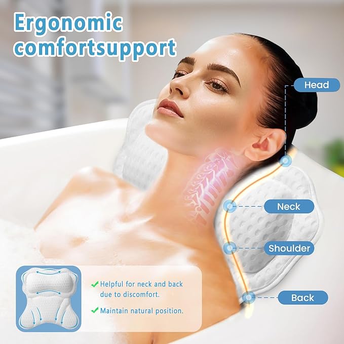 Luxury Bathtub Pillow, 4D Air Mesh Soft Bath Pillow for Tub, Non-Slip Suction Cups Bath Cushion, Ergonomic Head Neck Back Support Bath Pillow, Comfortable Spa Bath Accessories Gift for Women