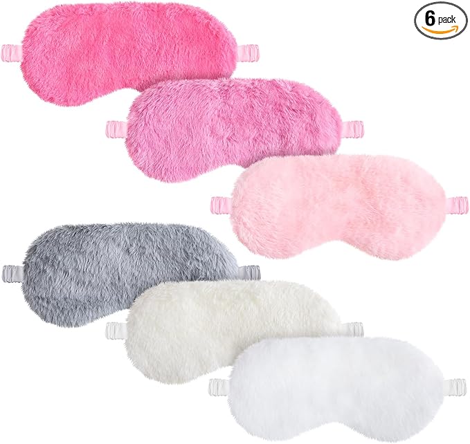 Cuffbow 6 Pack Plush Sleep Mask Set, Cute Plush Eye Masks for Sleeping, Soft Comfortable Travel Nap Blindfold, Sleepover Party Favors for Women(Simplicity,Pure)