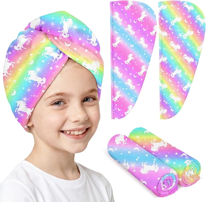 Microfiber Hair Towel Wrap for Kids Hair Drying Towel Wrap with Button 2 Pack Wet Hair Towel Wrap Head Towels Wrap for Girls