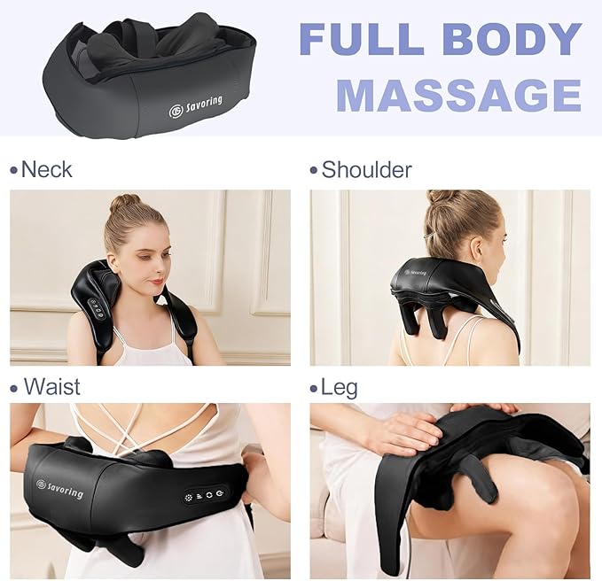 DS SAVORING Cordless Neck and Shoulder Massager with Heat, Electric Deep Tissue Kneading for Back Pain, Hands-Free Shiatsu Massage Pillow, Portable for Home, Office, Travel
