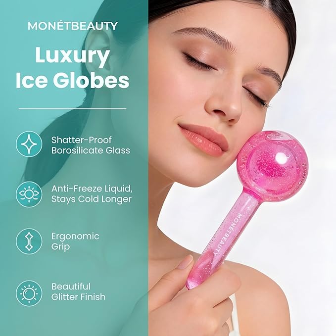 MonétBeauty Ice Globes for Face, Freezer Safe and Highly Effective Facial Globes for Daily Beauty Routines, Face Roller to Tighten Skin, Reduce Puffiness, Enhance Circulation and Complexion (Pink)