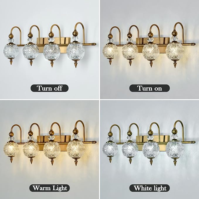 Piepooye Vintage Bathroom Light Fixtures Gold Vanity Light with Glass Globe LampShade 4 Lights Brushed Brass G9 Bulb Wall Sconce Antique Indoor Vanity Light Over Mirror for Kitchen Bedroom Living Room