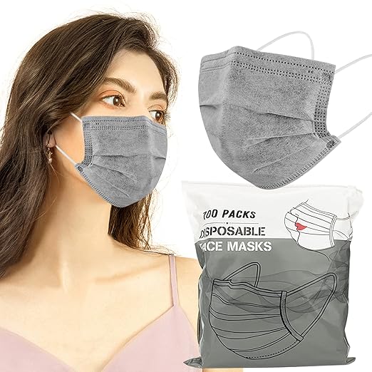 Wecolor 100 Pcs Disposable 3 Ply Earloop Face Masks for Adults, Outdoor, Airport, Farm, Garden, Non-Woven Fabric and Meltblown Fabric, Soft, Comfortable Face Mask, Anti-Fog, Wide Earbands - Gray
