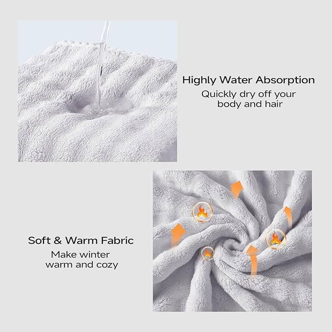 REDKISS Grey Plus Size Towel Wrap for Women, XL Adjustable Shower Wrap with Hair Towel, Super Absorbent Bath Towels Wrap for Body, Microfiber Plush Towel Wrap, Warmth Velcro Plus Size Wraps Towels